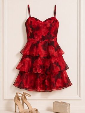 BCX Juniors Rose Print Ruffle Fit and Flare Mini Dress Size XL NWT Party